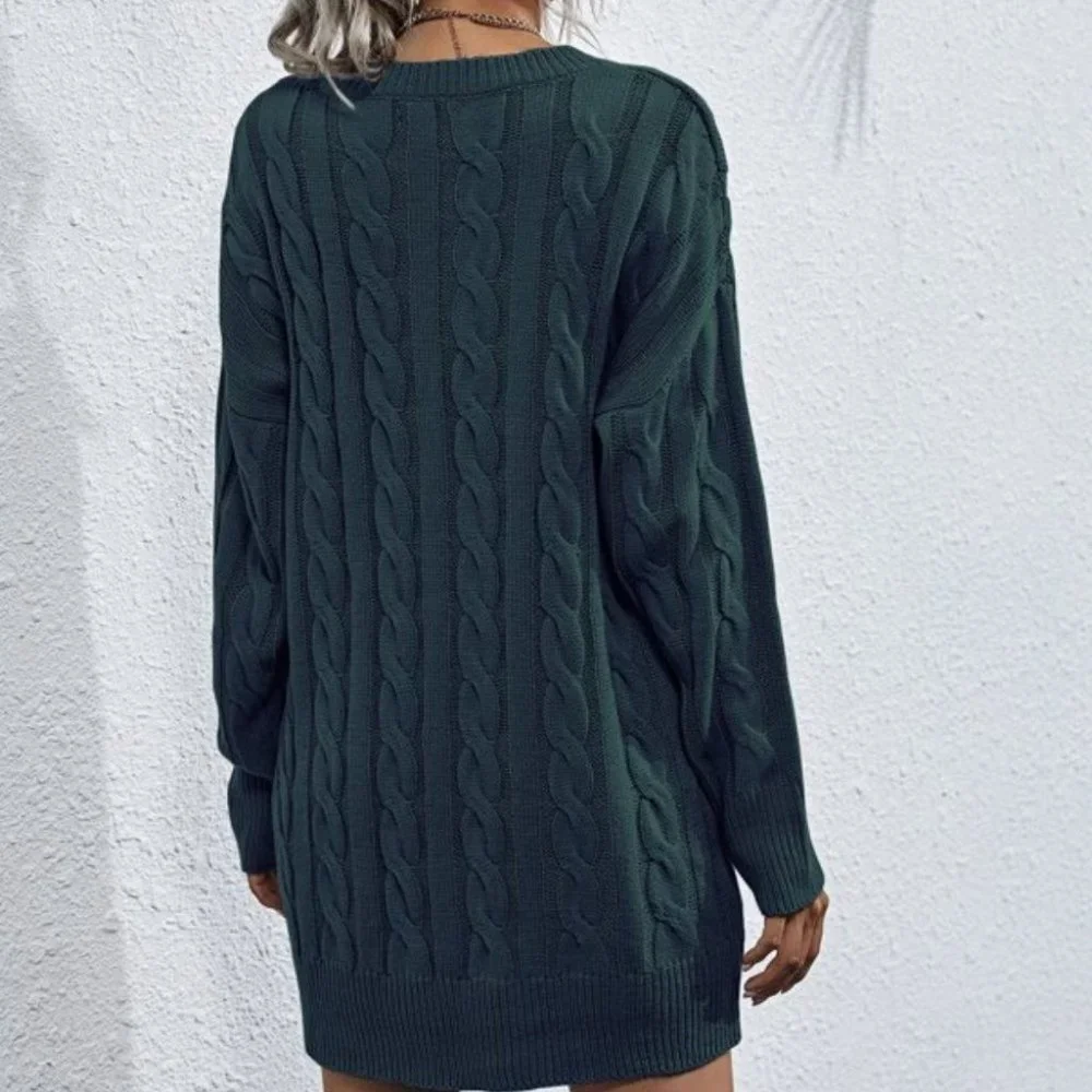 teal oversized chunky knit cable sweater dress - Picture 3 of 6